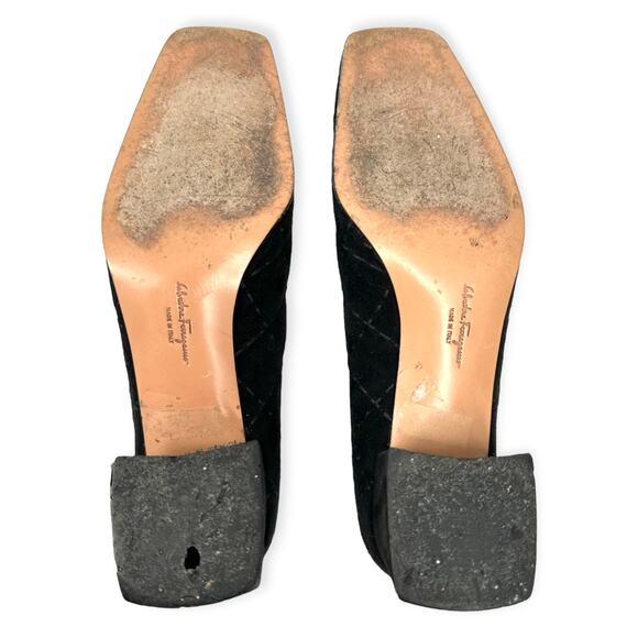 Salvatore Ferragamo | Size 6B | Black Quilted Suede w/ Diamond Design Block Heel - Picture 11 of 11